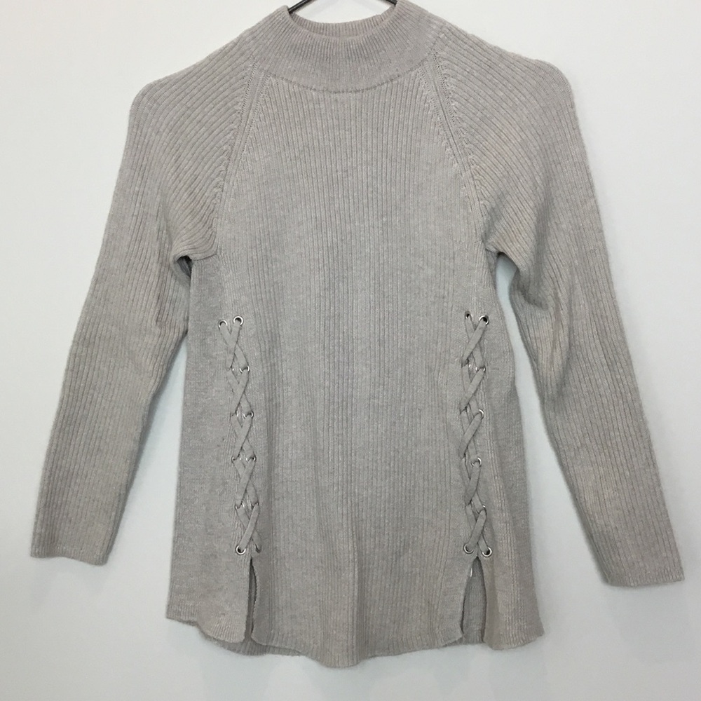 Style & Co. Tan Ribbed Sweater with Lace-Up Detail size medium